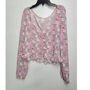 Abound Ladies V-neck Floral Lantern Sleeve Casual Sweet Shirt